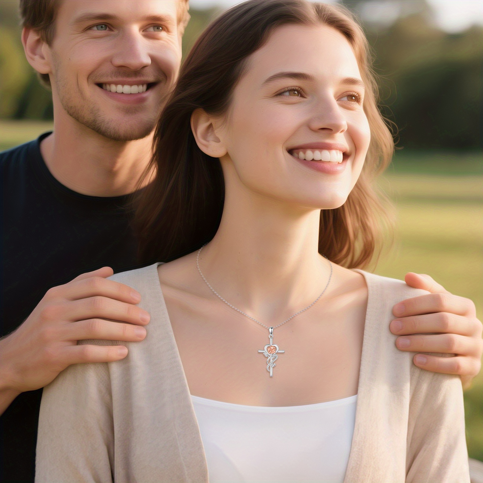 Cross Rose Flower Necklace, S925 Sterling Silver Gift